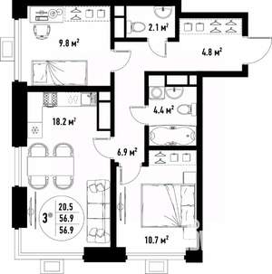3-к квартира, вторичка, 57м2, 8/25 этаж