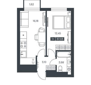 1-к квартира, вторичка, 37м2, 8/16 этаж