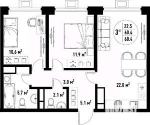 3-к квартира, вторичка, 60м2, 9/25 этаж