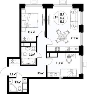 3-к квартира, вторичка, 63м2, 14/25 этаж