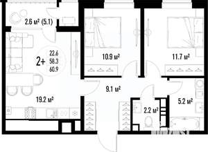2-к квартира, вторичка, 61м2, 23/25 этаж