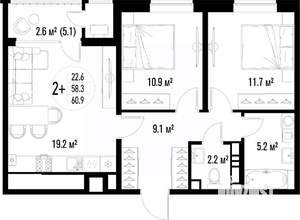 2-к квартира, вторичка, 61м2, 22/25 этаж