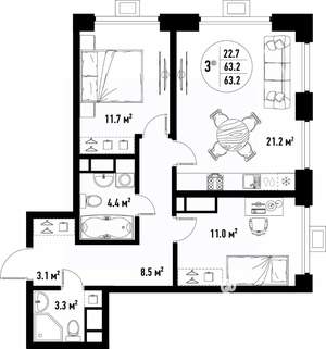 3-к квартира, вторичка, 63м2, 12/25 этаж