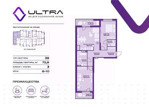 3-к квартира, вторичка, 73м2, 9/19 этаж