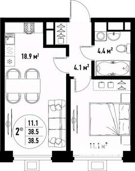 2-к квартира, вторичка, 39м2, 14/25 этаж