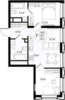 3-к квартира, вторичка, 52м2, 12/24 этаж
