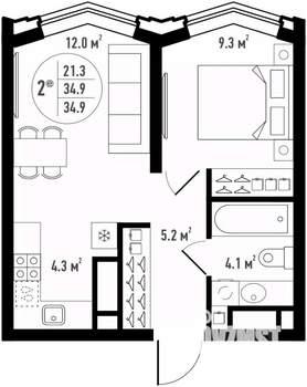 2-к квартира, вторичка, 35м2, 24/24 этаж