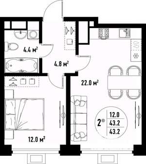 2-к квартира, вторичка, 43м2, 9/25 этаж