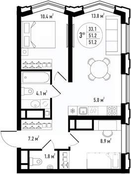 3-к квартира, вторичка, 51м2, 19/24 этаж