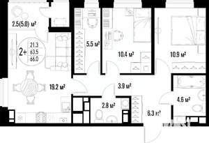 2-к квартира, вторичка, 66м2, 13/20 этаж