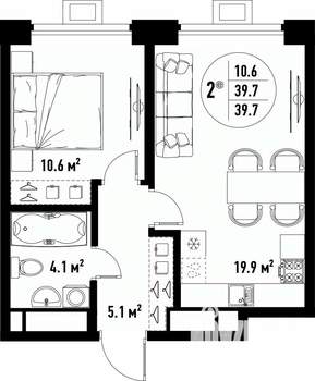 2-к квартира, вторичка, 40м2, 24/25 этаж