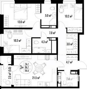 3-к квартира, строящийся дом, 87м2, 4/25 этаж