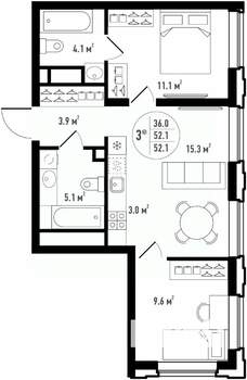 3-к квартира, вторичка, 52м2, 21/24 этаж