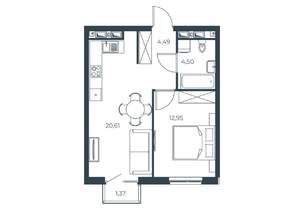 1-к квартира, строящийся дом, 44м2, 25/30 этаж