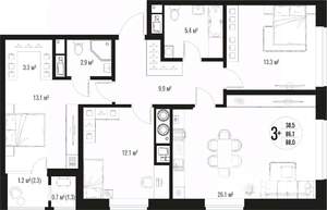 3-к квартира, вторичка, 88м2, 16/17 этаж