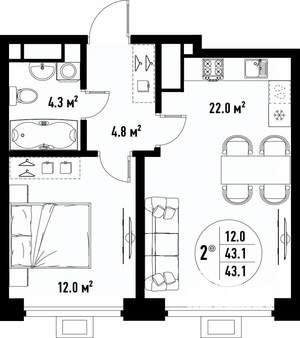 2-к квартира, вторичка, 43м2, 25/25 этаж