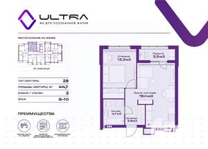 2-к квартира, вторичка, 45м2, 9/19 этаж