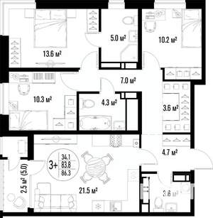 3-к квартира, строящийся дом, 86м2, 23/25 этаж