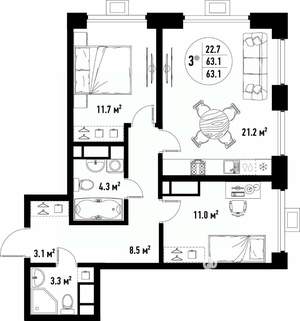 3-к квартира, вторичка, 63м2, 20/25 этаж
