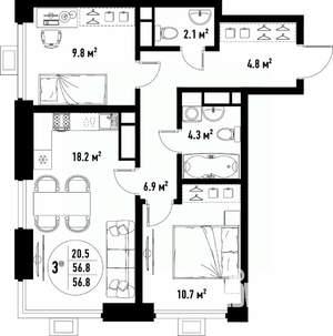 3-к квартира, вторичка, 57м2, 22/25 этаж