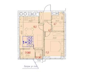 1-к квартира, вторичка, 39м2, 12/17 этаж