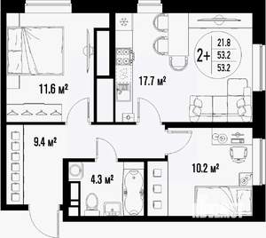 2-к квартира, строящийся дом, 53м2, 19/25 этаж