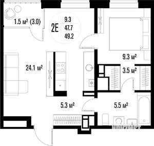 1-к квартира, строящийся дом, 49м2, 3/18 этаж