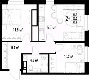2-к квартира, строящийся дом, 54м2, 12/25 этаж