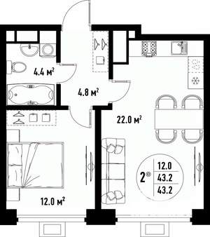 2-к квартира, вторичка, 43м2, 7/25 этаж
