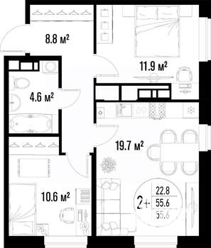 2-к квартира, вторичка, 56м2, 16/20 этаж