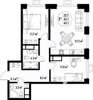 3-к квартира, вторичка, 63м2, 21/25 этаж