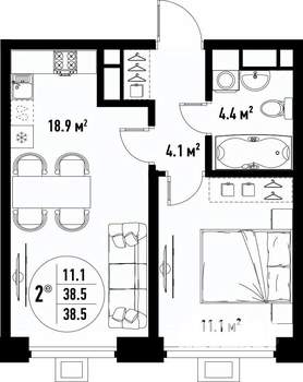 2-к квартира, вторичка, 39м2, 8/25 этаж