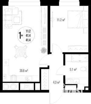 1-к квартира, строящийся дом, 41м2, 1/17 этаж