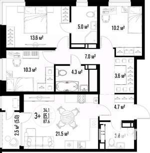 3-к квартира, вторичка, 88м2, 3/25 этаж