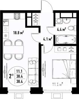 2-к квартира, вторичка, 38м2, 21/25 этаж