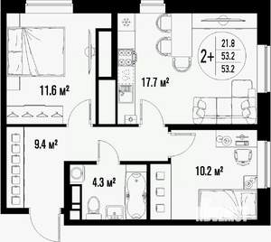 2-к квартира, строящийся дом, 53м2, 25/25 этаж