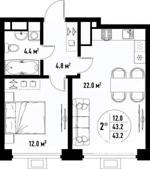 2-к квартира, вторичка, 43м2, 6/25 этаж
