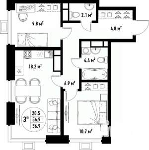 3-к квартира, вторичка, 57м2, 13/25 этаж
