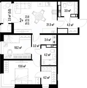 2-к квартира, вторичка, 70м2, 19/25 этаж