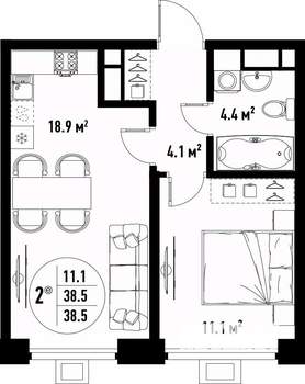 2-к квартира, вторичка, 39м2, 15/25 этаж