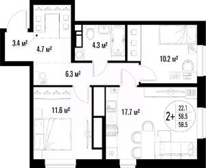 2-к квартира, строящийся дом, 59м2, 14/25 этаж