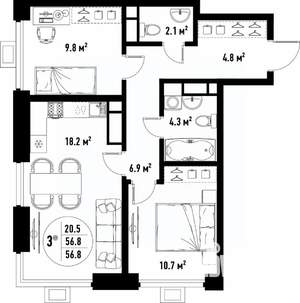 3-к квартира, вторичка, 57м2, 25/25 этаж