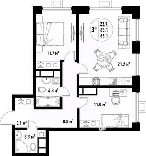3-к квартира, вторичка, 63м2, 18/25 этаж