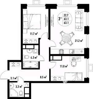 3-к квартира, вторичка, 63м2, 24/25 этаж