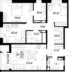 3-к квартира, строящийся дом, 86м2, 25/25 этаж