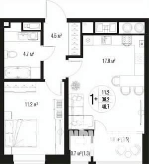 1-к квартира, вторичка, 41м2, 12/17 этаж