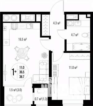 1-к квартира, вторичка, 39м2, 5/17 этаж