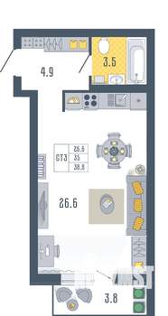Студия квартира, вторичка, 39м2, 4/17 этаж