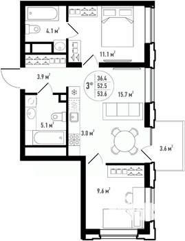 3-к квартира, вторичка, 54м2, 3/24 этаж