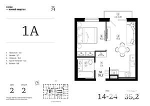 1-к квартира, строящийся дом, 35м2, 14/24 этаж